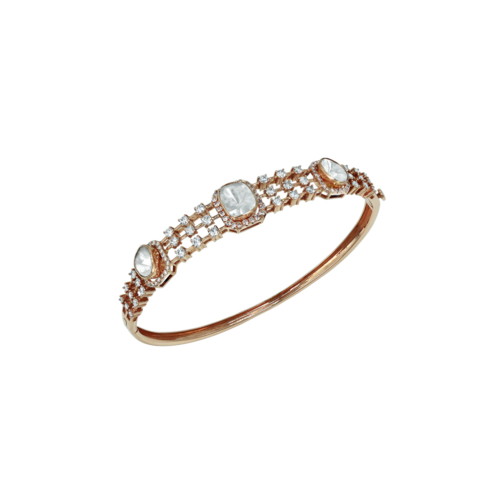 Rose Gold Polki Bangle with Diamond Halos and Lattice Design